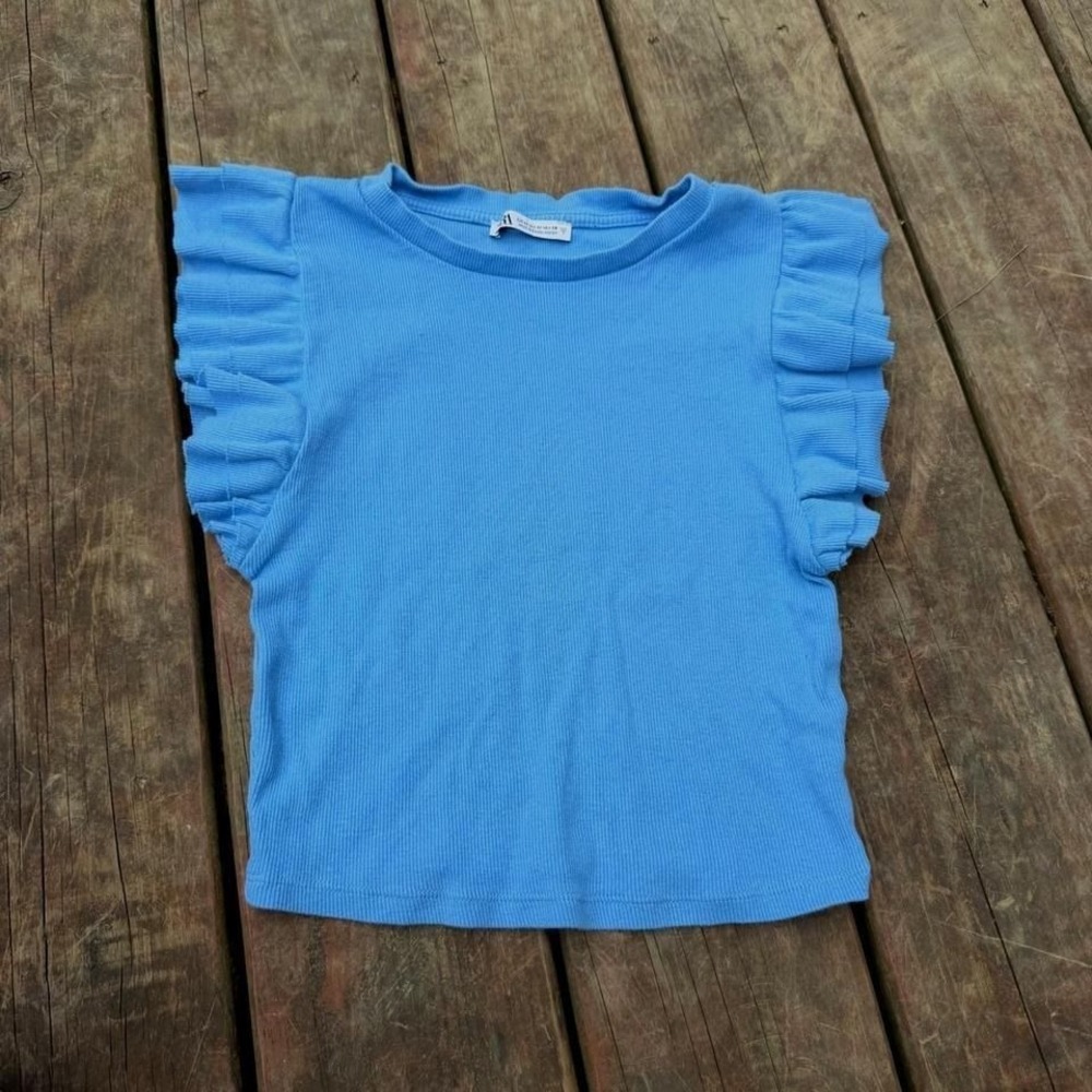 Zara Blue Ribbed Knit Ruffle Cap Sleeve Crew Neck Top Medium